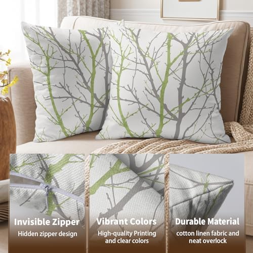 Sage Green Gray Tree Pillow Covers 18x18 Inch Grey Green Branch Print