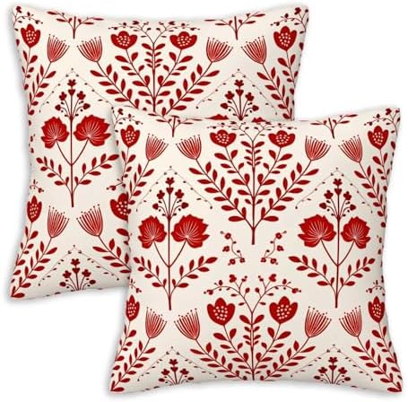 Nordic Folk Floral Throw Pillow Covers 18x18 Set of 2 | Red
