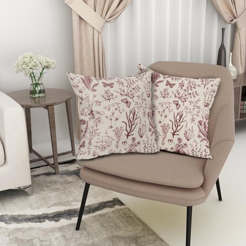 Spring Burgundy Red Floral Pillow Covers 18x18 Inch Vintage Wild