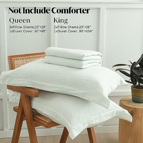 CozyDH 100% Linen Duvet Cover Set Queen Size, White, 3 Pieces