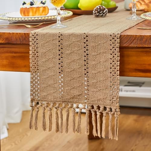 FEXIA Boho Table Runner Fall Burlap Brown Coffee Table Decor 12x90