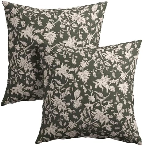 Olive Green Floral Block Print Throw Pillow Covers 22x22 Inch Set of 2