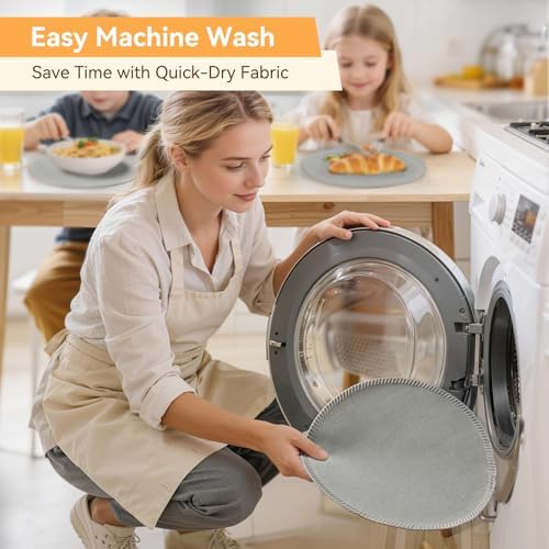 Round Placemats Set of 8 - Machine Washable Linen-Like Cloth Place