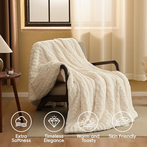 PHF Soft Sherpa Fleece Blanket King, Tufted Jacquard, 04-Natural Cream
