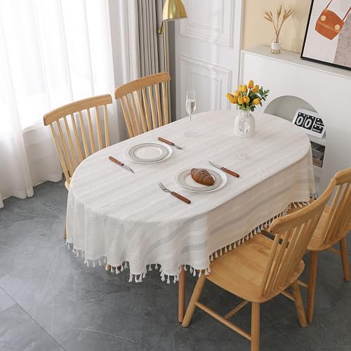 Gernaice Rustic Stripe Embroidered Oval Tablecloth Heavy Tassel Cotton