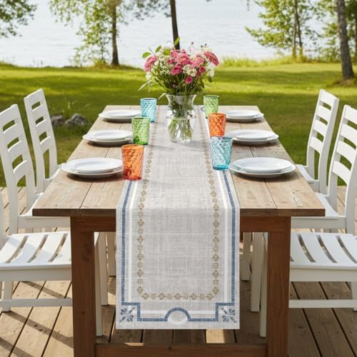 Ivory White Farmhouse Table Runner 72 inches Long Linen Texture