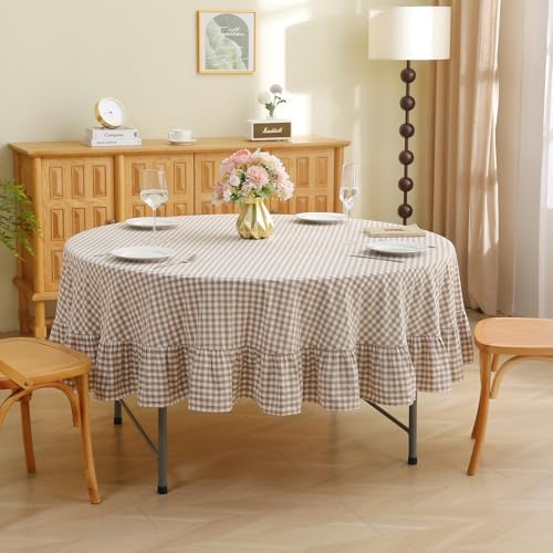 CNPYZH Taupe White Gingham Ruffled Tablecloth Dia.90 inches