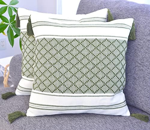 20x20 Geometric Checkered Pattern Pillow Covers Boho Olive Green Set