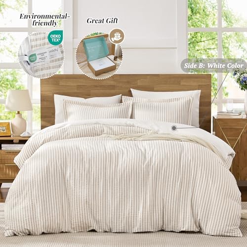 MILDLY Jacquard Striped Duvet Cover Set 2pcs Dual Zipper Khaki Twin