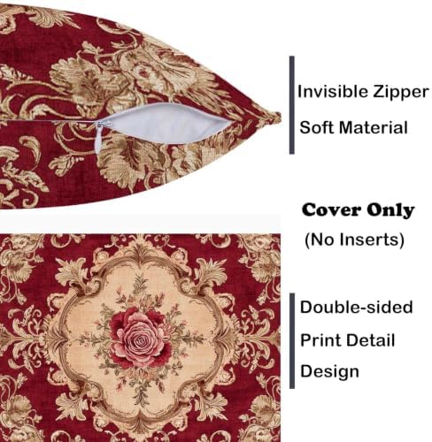 Burgundy Rose Throw Pillow Covers 18x18 Set of 2, Baroque Floral