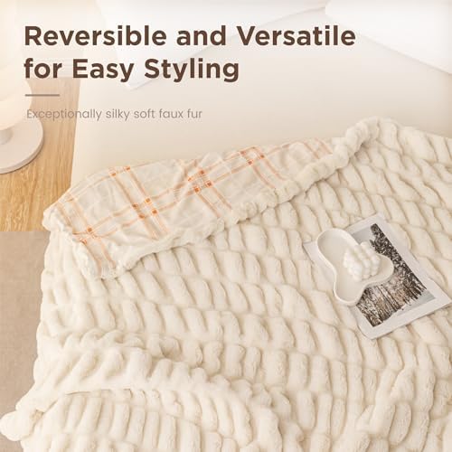 Sophia & William, Ruched Wavy Faux Fur Throw Blanket, 60 x 80, Cream