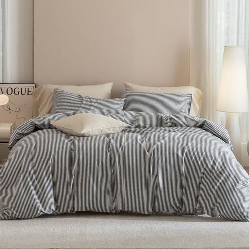JIYUAN King Washed Cotton Duvet Cover Set, 3-Piece, Linen-Like