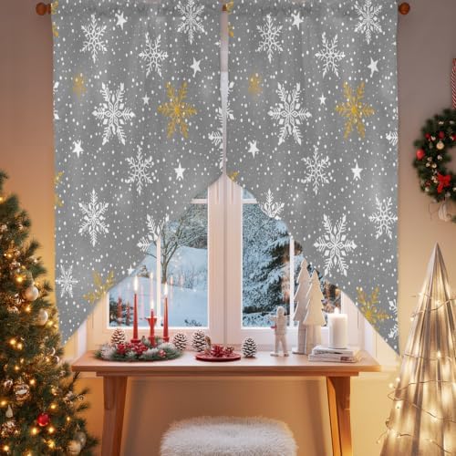 Christmas Snowflake Swag Valance Curtains Grey Winter Yellow White