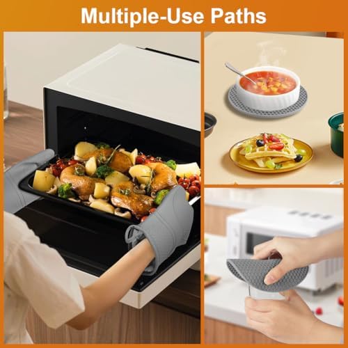 AUAUY Oven Mitts with 2 Potholders, Silicone Oven Gloves, Grey