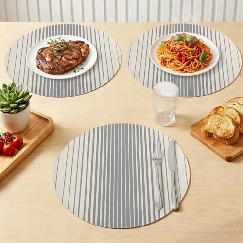 Neutral Stripe Faux Leather Placemats Set of 6, 15in, Waterproof Heat
