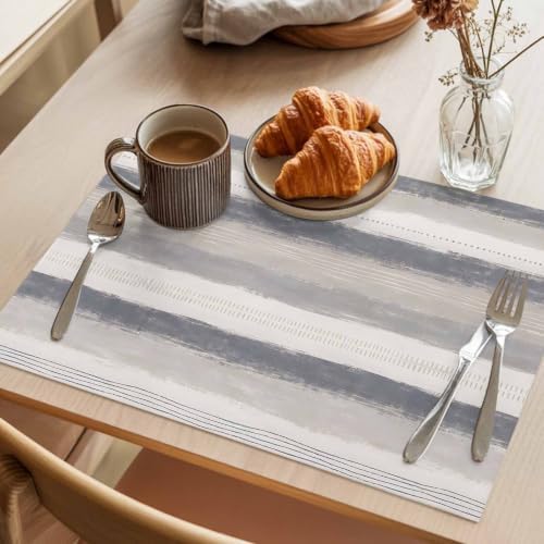 Farmhouse Stripes Placemats Set of 6, Cotton Linen Fabric Place Mats