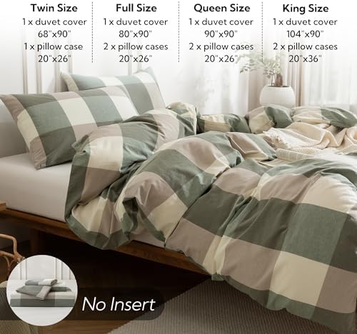 MILDLY Beige & Green Plaid Duvet Cover Set with Dual Zipper 8 Corner