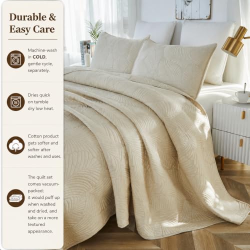 Brandream Beige Palm Quilt Set Queen Size Cotton Matelasse Tropical