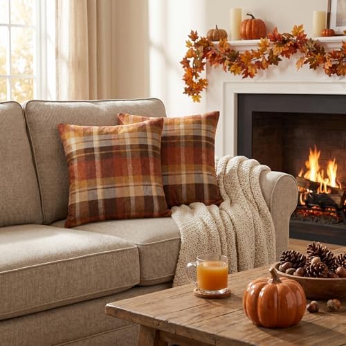Fall Plaid Pillow Covers 22x22 Inch Orange Brown Checkered Throw