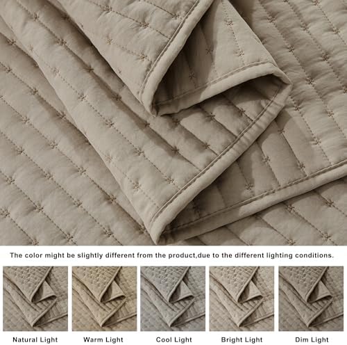 WDCOZY Dark Beige Cross Stitch King Size Quilt Set, Striped