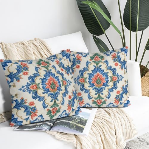 Blue Coral Floral Pillow Covers 20x20 Inch Set of 2 Linen for Home