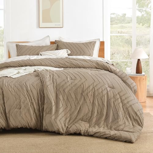 Litanika Taupe King Size Comforter Set, 3 Pcs Boho Tufted Bedding Set