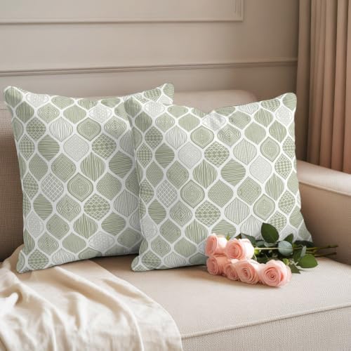 Sage Green Geometric Waterproof Outdoor Pillow Covers 18''x18'' Set of