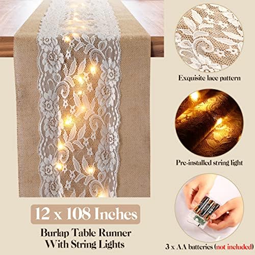 Tudomro 6 Pcs Burlap Table Runner with LED String Lights