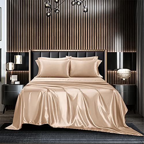AiMay 6 Piece Satin Bedding Sheet Set Queen Taupe Deep Pocket 1800