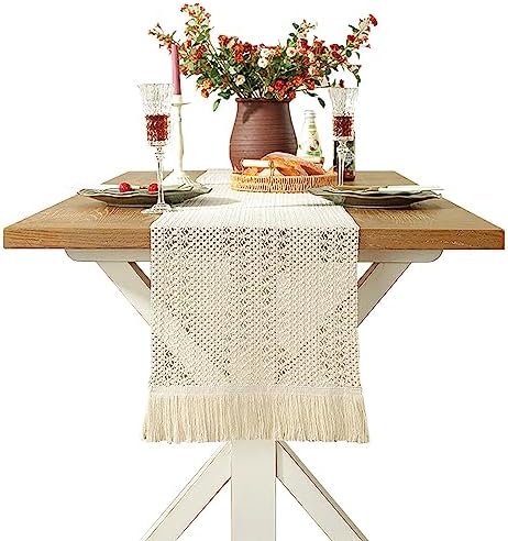 Hsvanyr Long Macrame Tablecloth Runner Cotton Linen with Tassel Dining