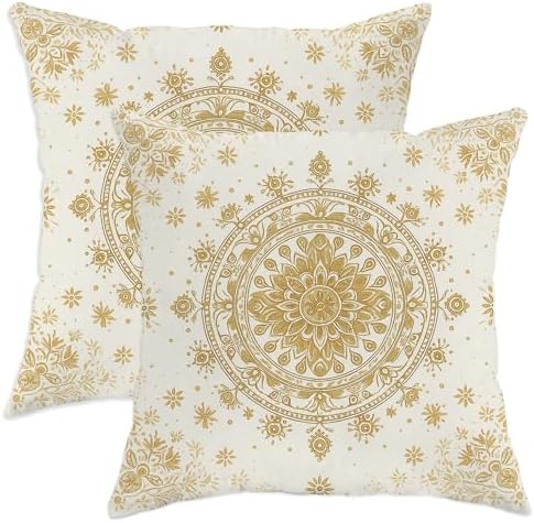 Bohemian Throw Pillow Covers Set of 2, Cream and Gold Floral Mandala