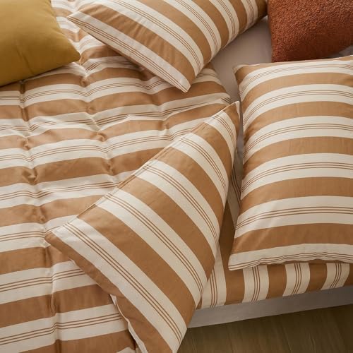 Merryword Khaki Striped Duvet Cover Set King Size, 100% Cotton Bedding