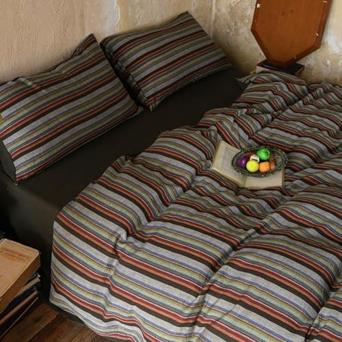 Striped Duvet Cover Set Linen Cotton,King(104"x90"),Multicolor Stripes