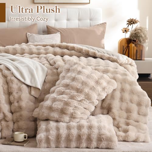YIKUSH King Faux Fur Soft Comforter Set, Fluffy Linen Rabbit Fur