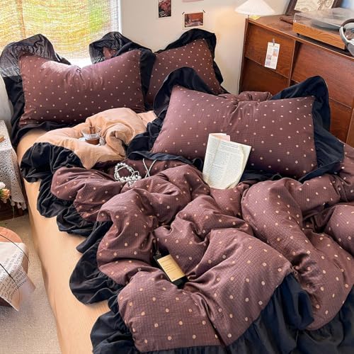 Retro Brown Polka Dot Ruffle Duvet Cover King Soft Double Gauze