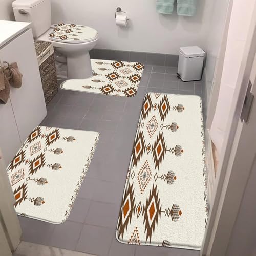 Western Boho Bath Mat Beige Aztec Abstract Retro Native Minimalist