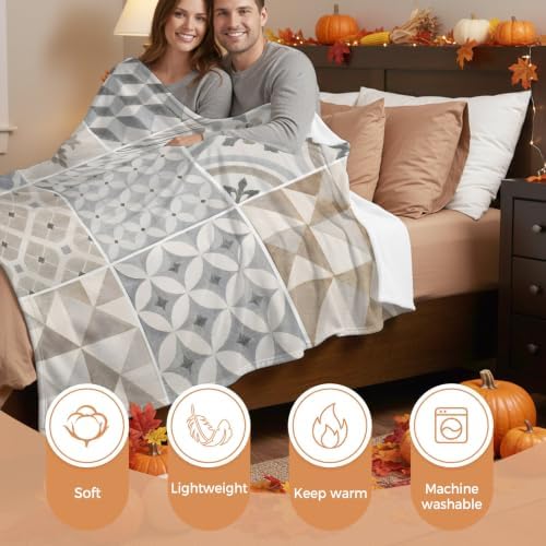 Boho Patchwork Blanket Plush Cozy Fuzzy Throw Blanket for