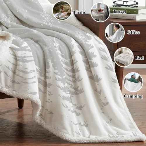 Christmas Tree Sherpa Fleece Blanket White Pines Tree Silhouette