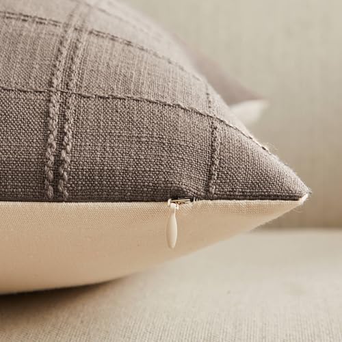 ZeeMart Linen Checked Throw Pillow Covers Set of 2, 22x22 Inch Cocoa