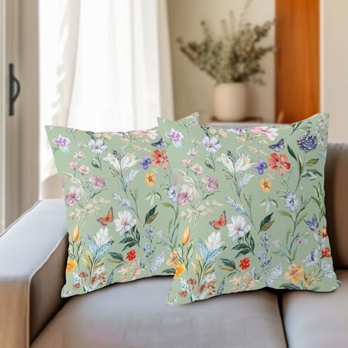 Spring Pillow Covers 22x22 Inch Set of 2 Sage Green Butterfly Flower