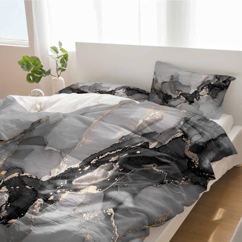 Duvet Cover Set Queen, Marble Texture Watercolor Gray 3 Piece Bedding