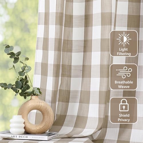 Amzdecor Beige Buffalo Plaid Semi Sheer Grommet Curtains 84 Inch