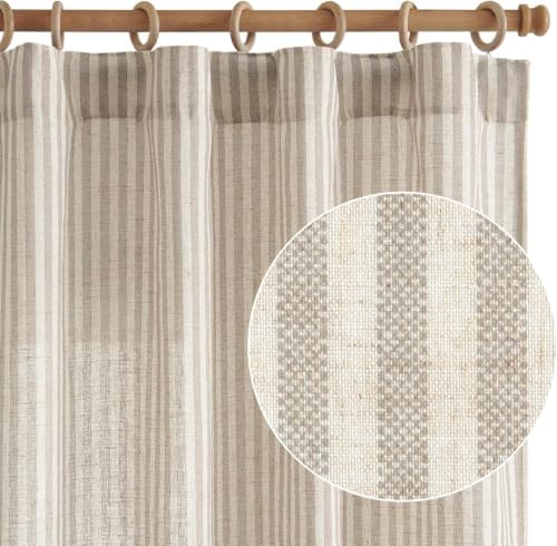 jinchan Linen Curtains 84 Inch Taupe Grey Stripe on Beige Back Tab 4
