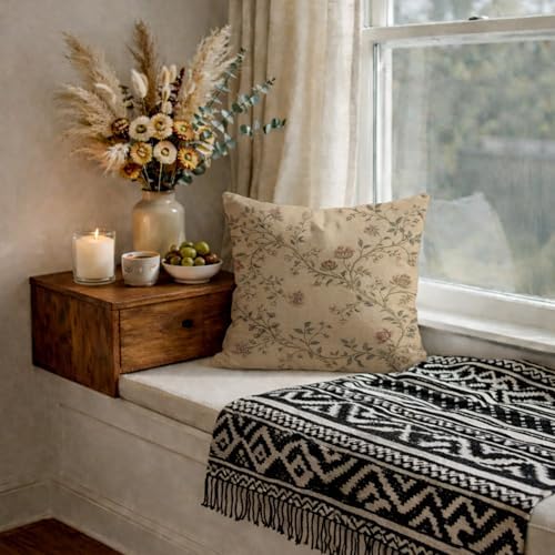 Neutral Vintage Floral Pillow Cover 18x18, Farmhouse Chinoiserie