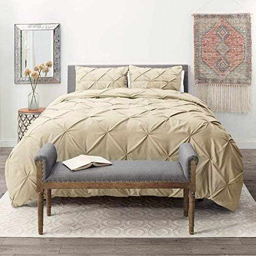 100% Cotton (Beige Color) Pinch Pleated 3-PCs Duvet Cover Set Zipper