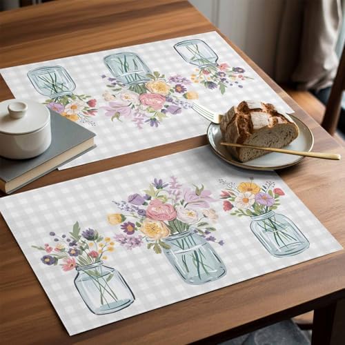 Flowers Plants Placemats Set of 8, Watercolor Spring Floral Farmhouse