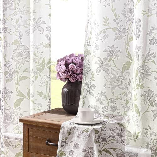 Gray Floral Sheer Curtains 63 Inch Length 2 Panels for Bedroom Rustic