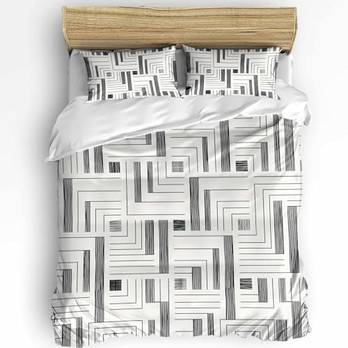 Duvet Cover Set Queen, Gray White Geometric Blocks 3 Piece Bedding Set