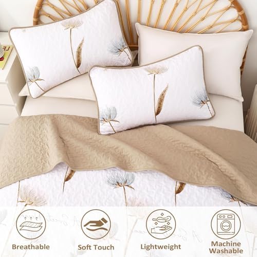 Dinjoy Queen Quilt Bedding Set Khaki Floral Bedspreads with 2