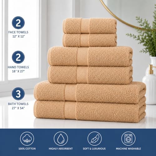 100% Cotton 6 Piece Towel Set for Bathroom - Beige